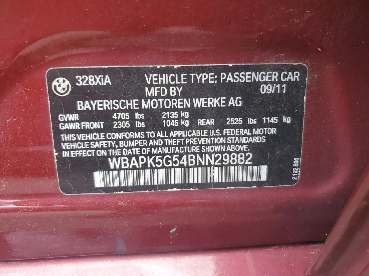 2011 BMW 328 Xi Sulev VIN: WBAPK5G54BNN29882 Lot: 68646035