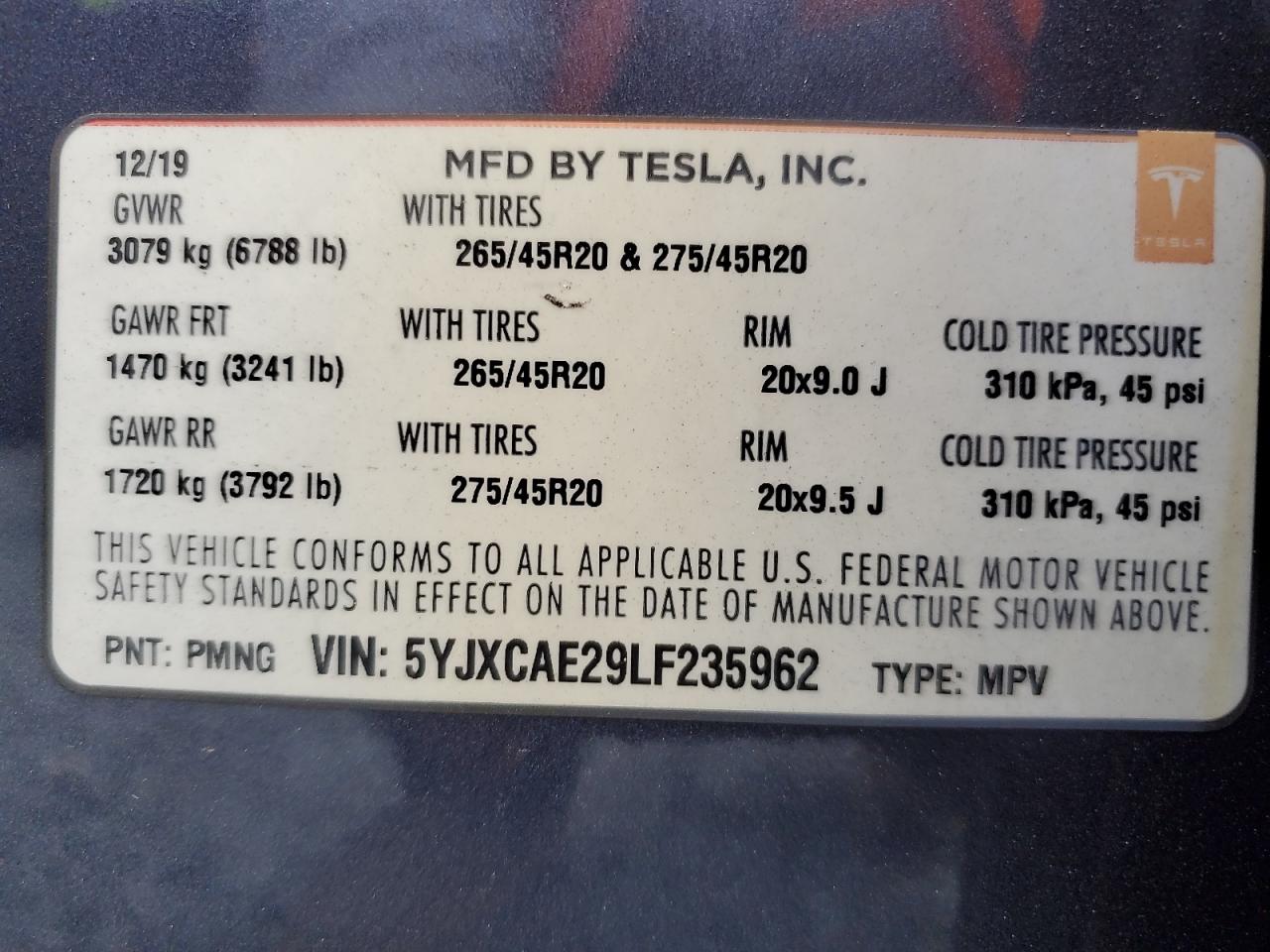 2020 Tesla Model X VIN: 5YJXCAE29LF235962 Lot: 68394095