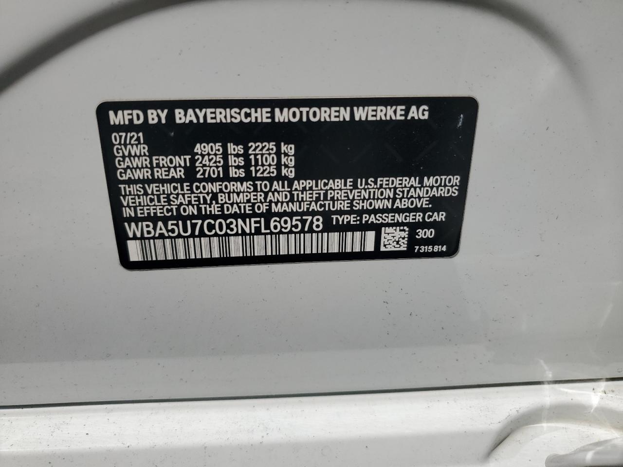 2022 BMW M340I VIN: WBA5U7C03NFL69578 Lot: 70671395