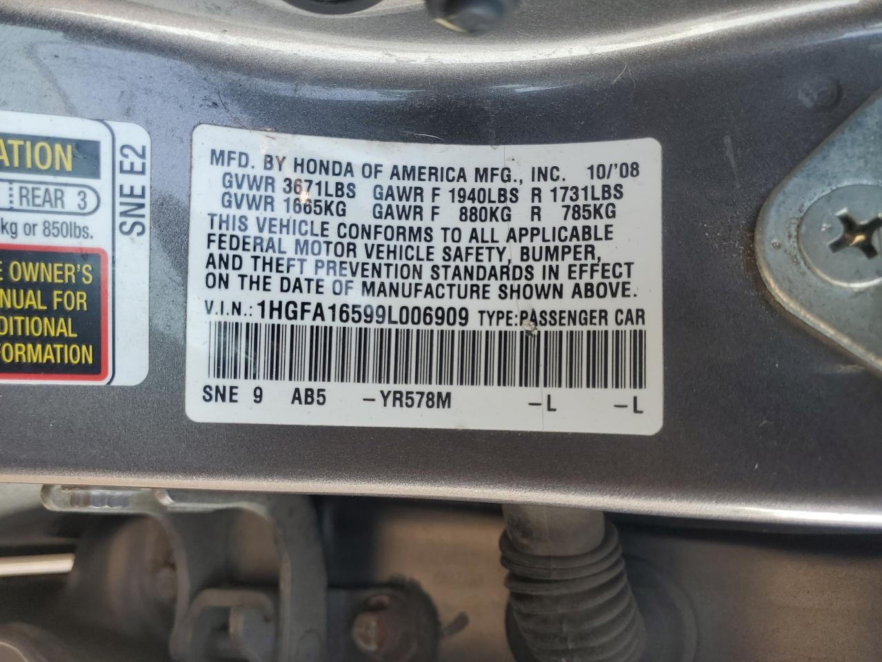 1HGFA16599L006909 2009 Honda Civic Lx