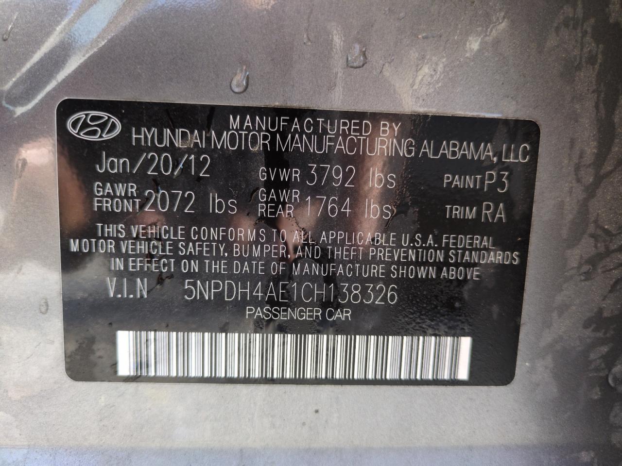 2012 Hyundai Elantra Gls VIN: 5NPDH4AE1CH138326 Lot: 67776585