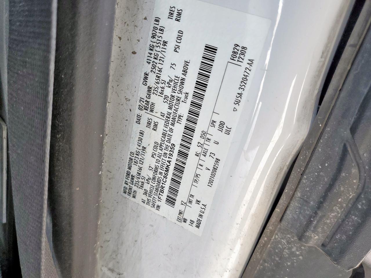 2021 Ford Transit T-250 VIN: 1FTBR1C86MKA19359 Lot: 68384725