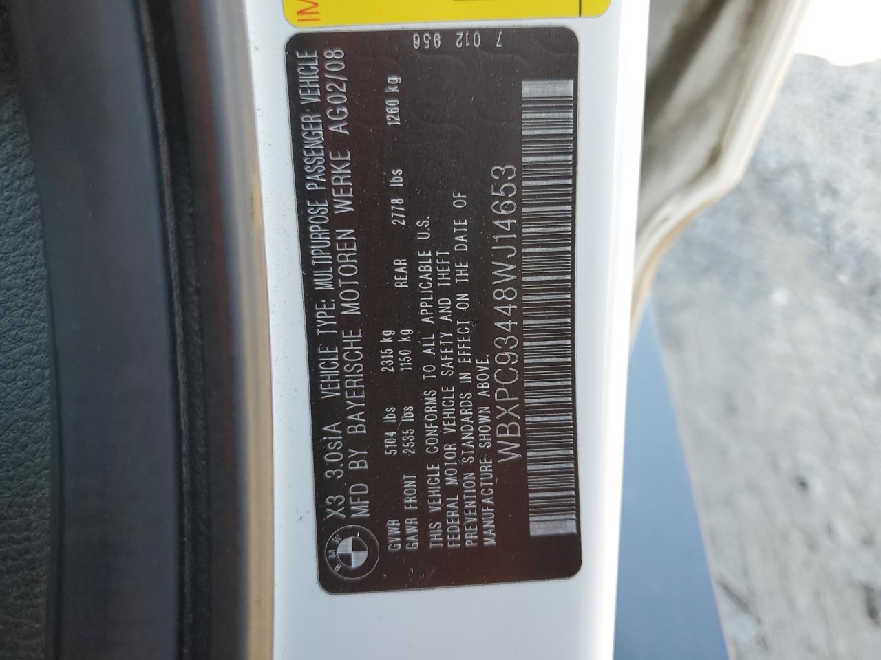 2008 BMW X3 3.0Si VIN: WBXPC93448WJ14653 Lot: 67997895