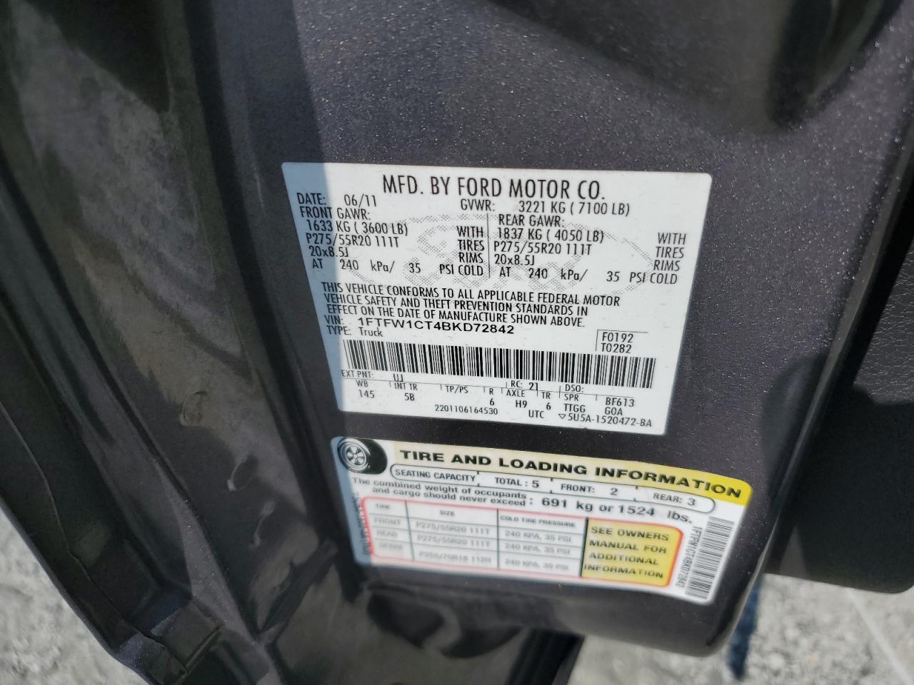2011 Ford F150 Supercrew VIN: 1FTFW1CT4BKD72842 Lot: 69568615