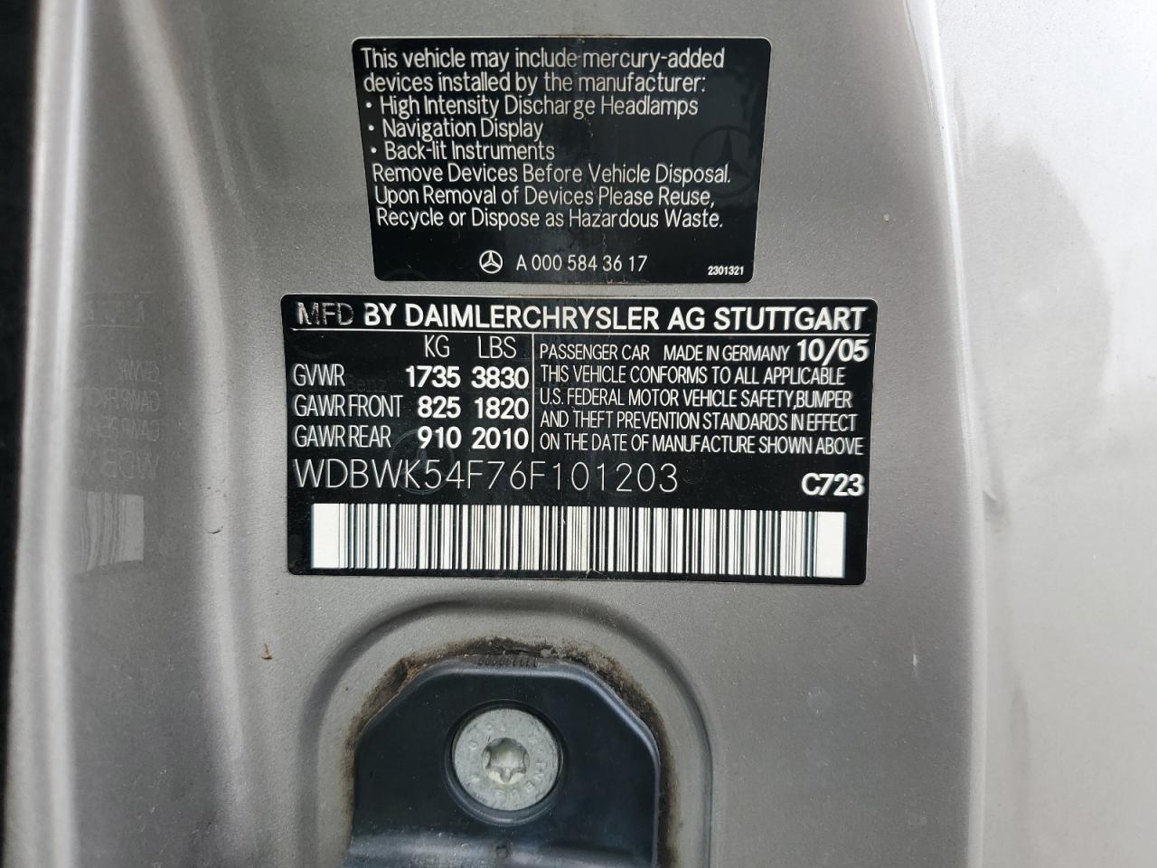 2006 Mercedes-Benz Slk 280 VIN: WDBWK54F76F101203 Lot: 67983165