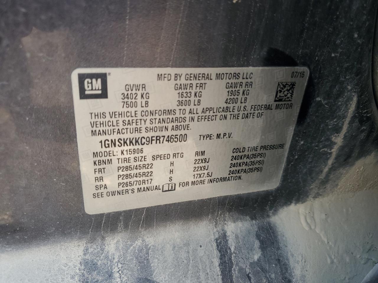 2015 Chevrolet Suburban K1500 Ltz VIN: 1GNSKKKC9FR746500 Lot: 67736515