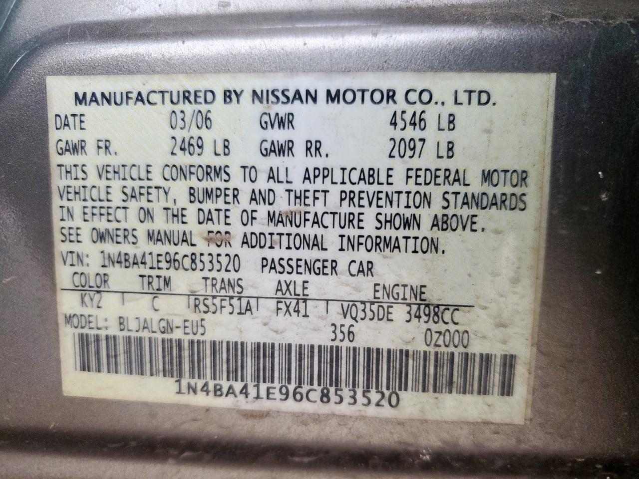 2006 Nissan Maxima Se VIN: 1N4BA41E96C853520 Lot: 70549725