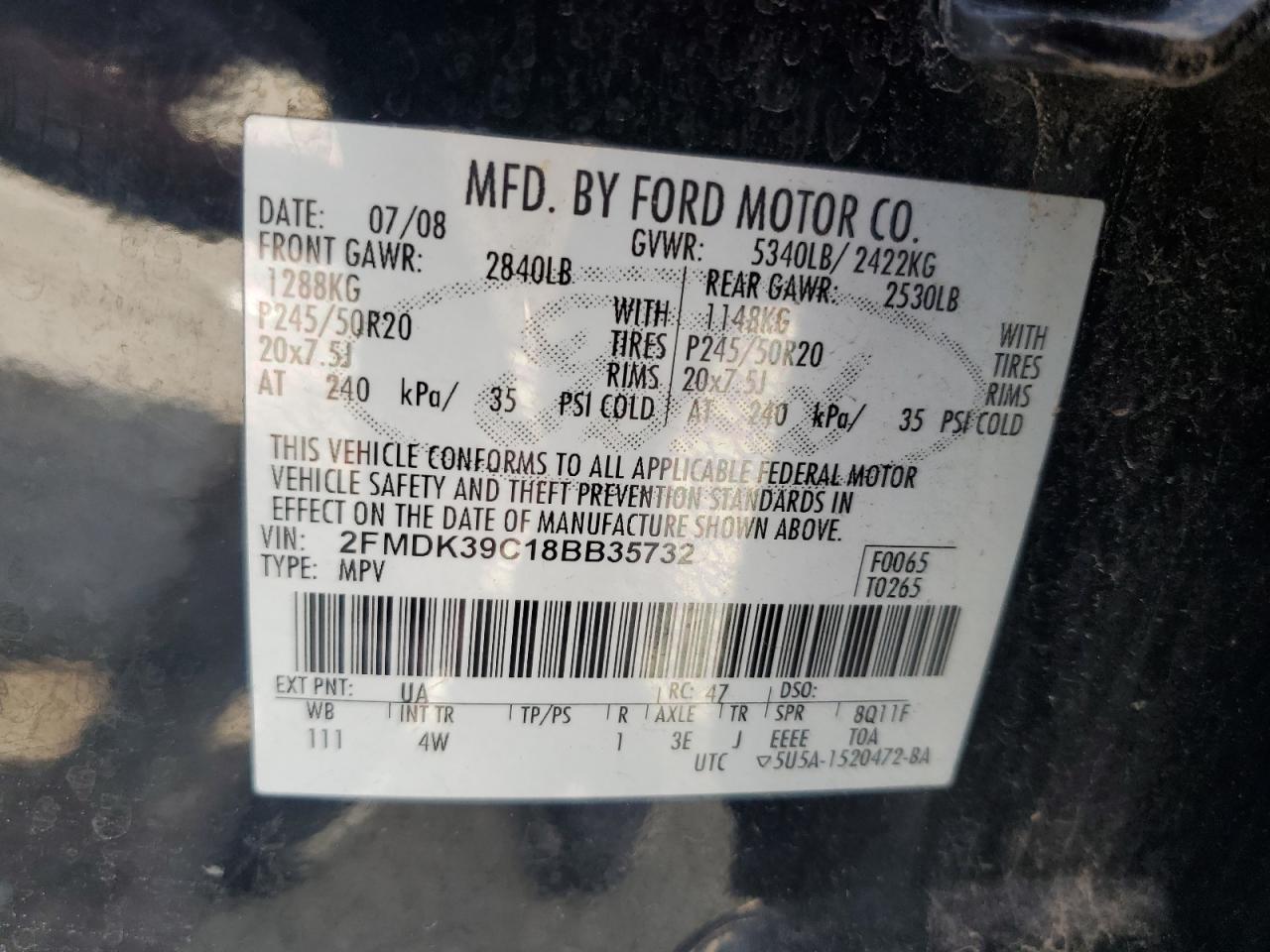 2008 Ford Edge Limited VIN: 2FMDK39C18BB35732 Lot: 70889785