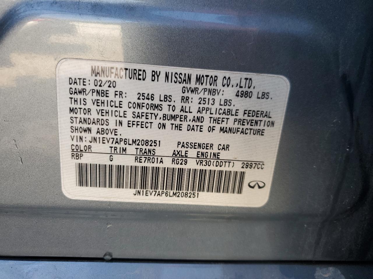 2020 Infiniti Q50 Pure VIN: JN1EV7AP6LM208251 Lot: 69677415