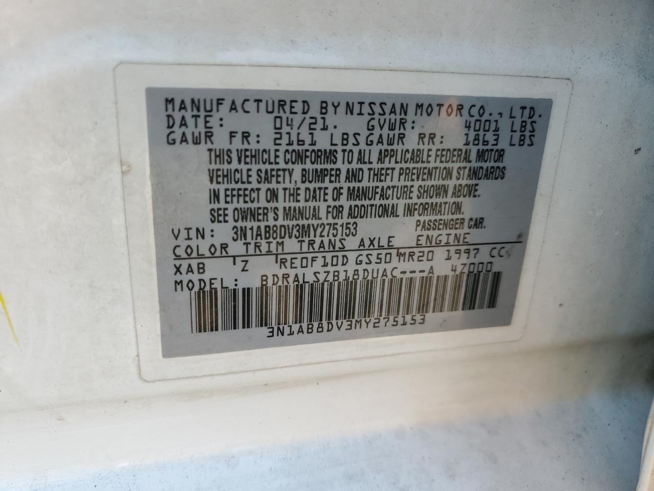 2021 Nissan Sentra Sr VIN: 3N1AB8DV3MY275153 Lot: 69313215