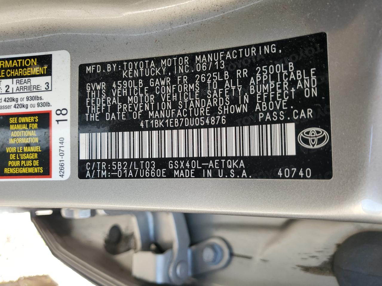 2013 Toyota Avalon Base VIN: 4T1BK1EB7DU054876 Lot: 68280345