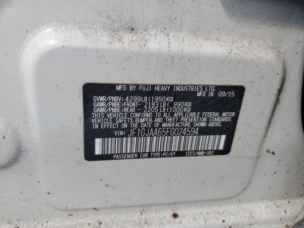 2015 Subaru Impreza VIN: JF1GJAA65FG024594 Lot: 70626715