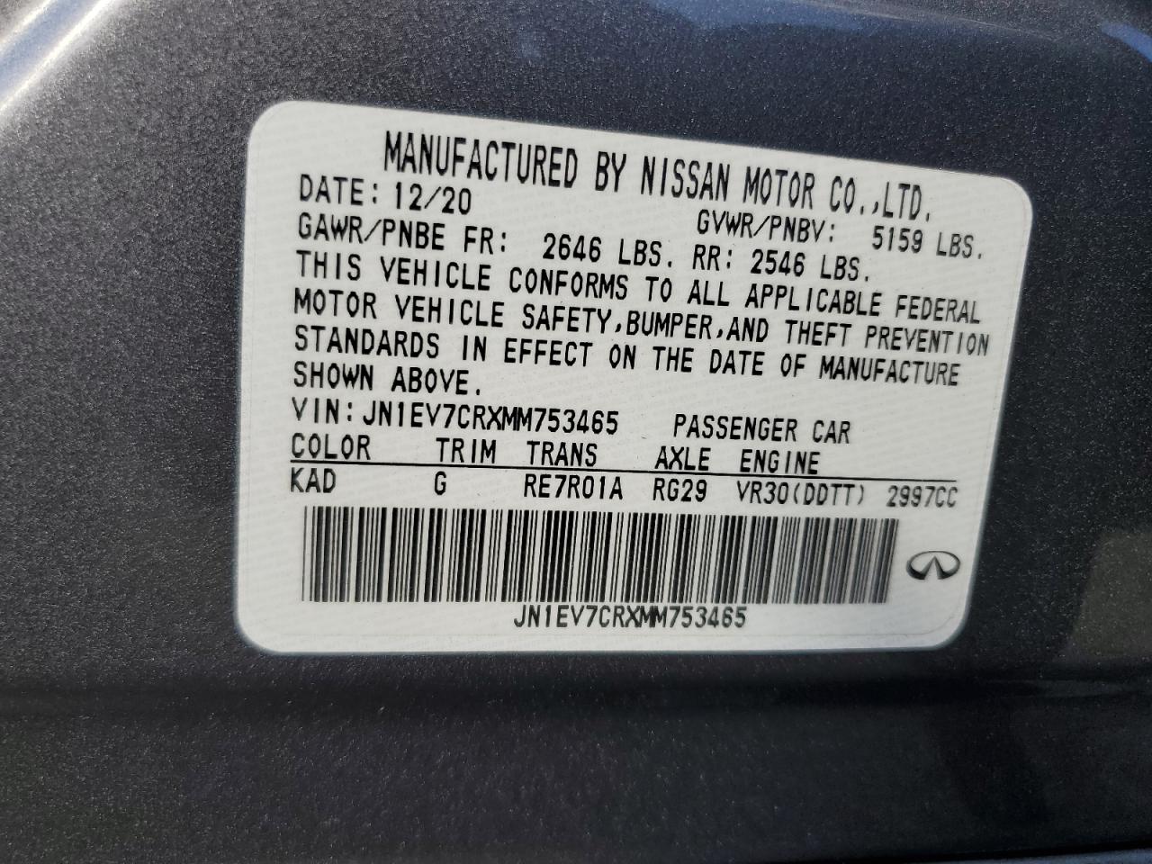 2021 Infiniti Q50 Sensory VIN: JN1EV7CRXMM753465 Lot: 70505725