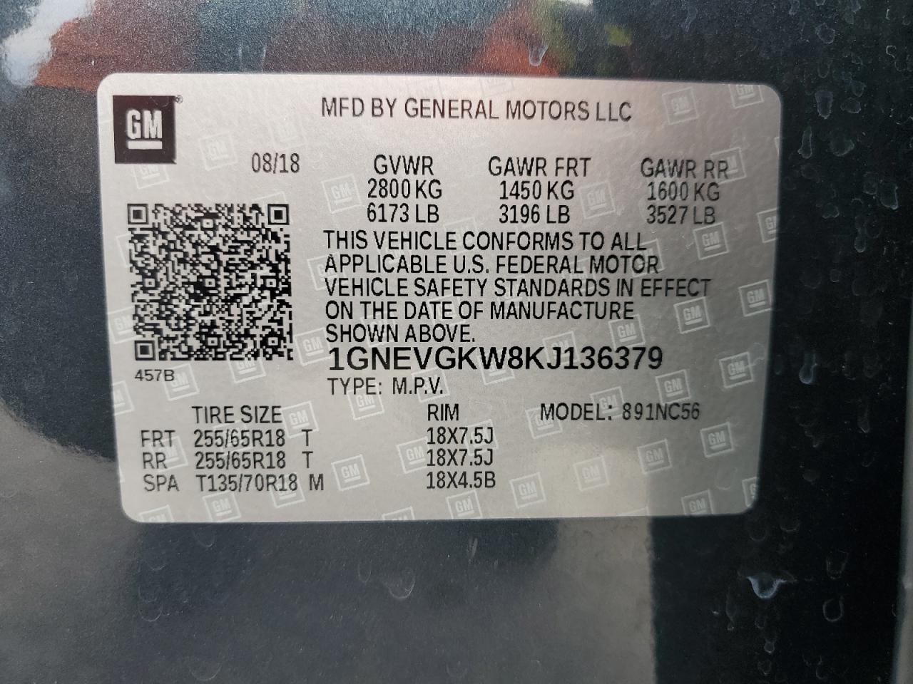 2019 Chevrolet Traverse Lt VIN: 1GNEVGKW8KJ136379 Lot: 70155055