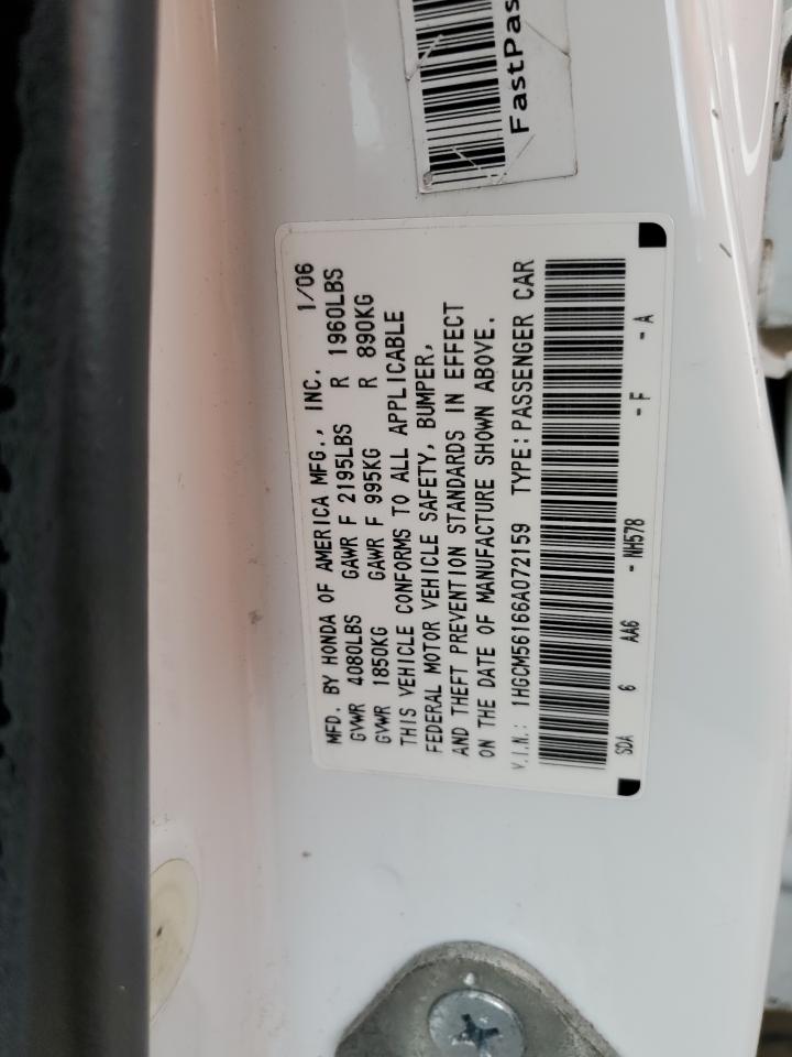 2006 Honda Accord Value VIN: 1HGCM56166A072159 Lot: 68012445