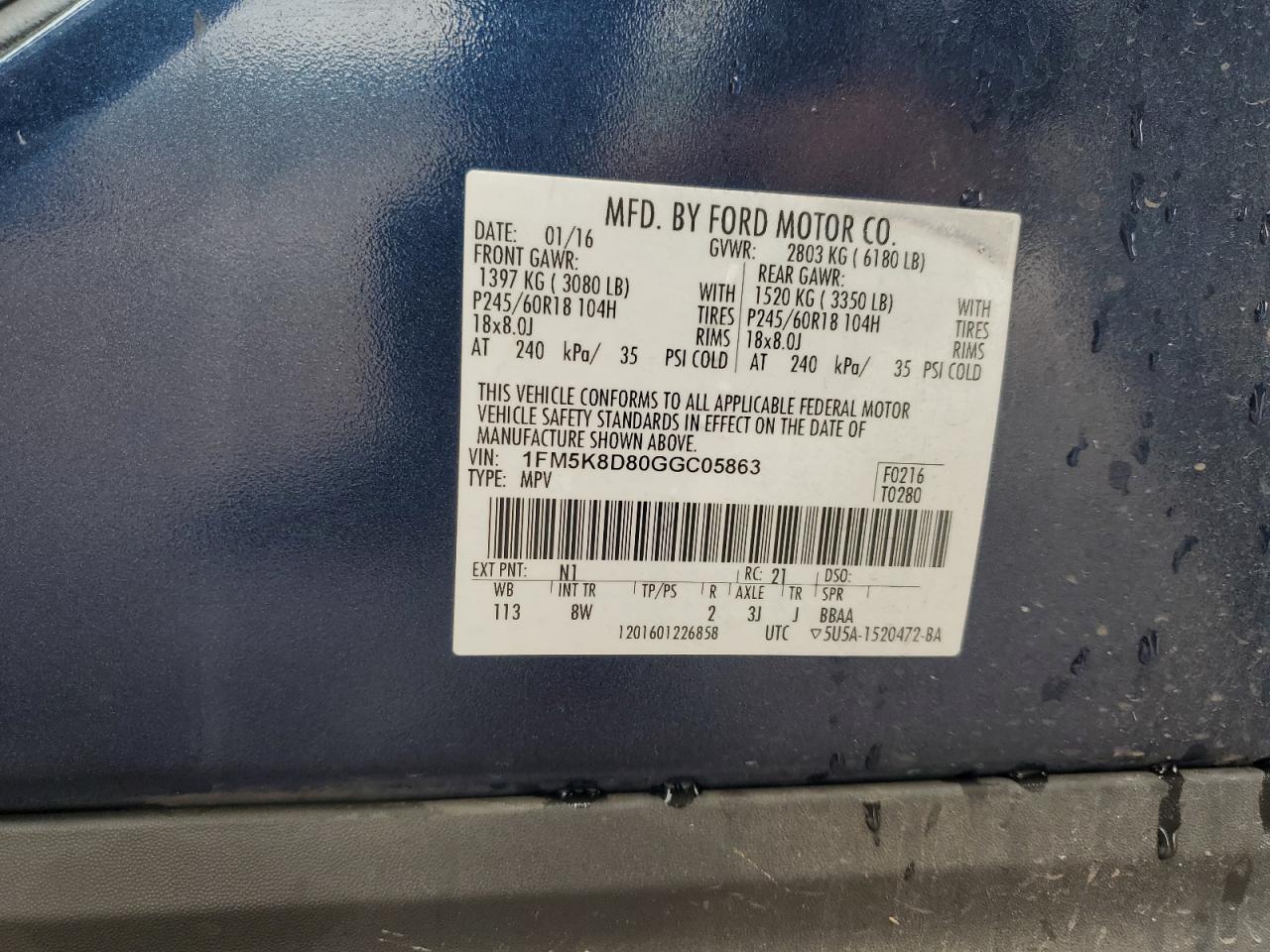 2016 Ford Explorer Xlt VIN: 1FM5K8D80GGC05863 Lot: 70391885