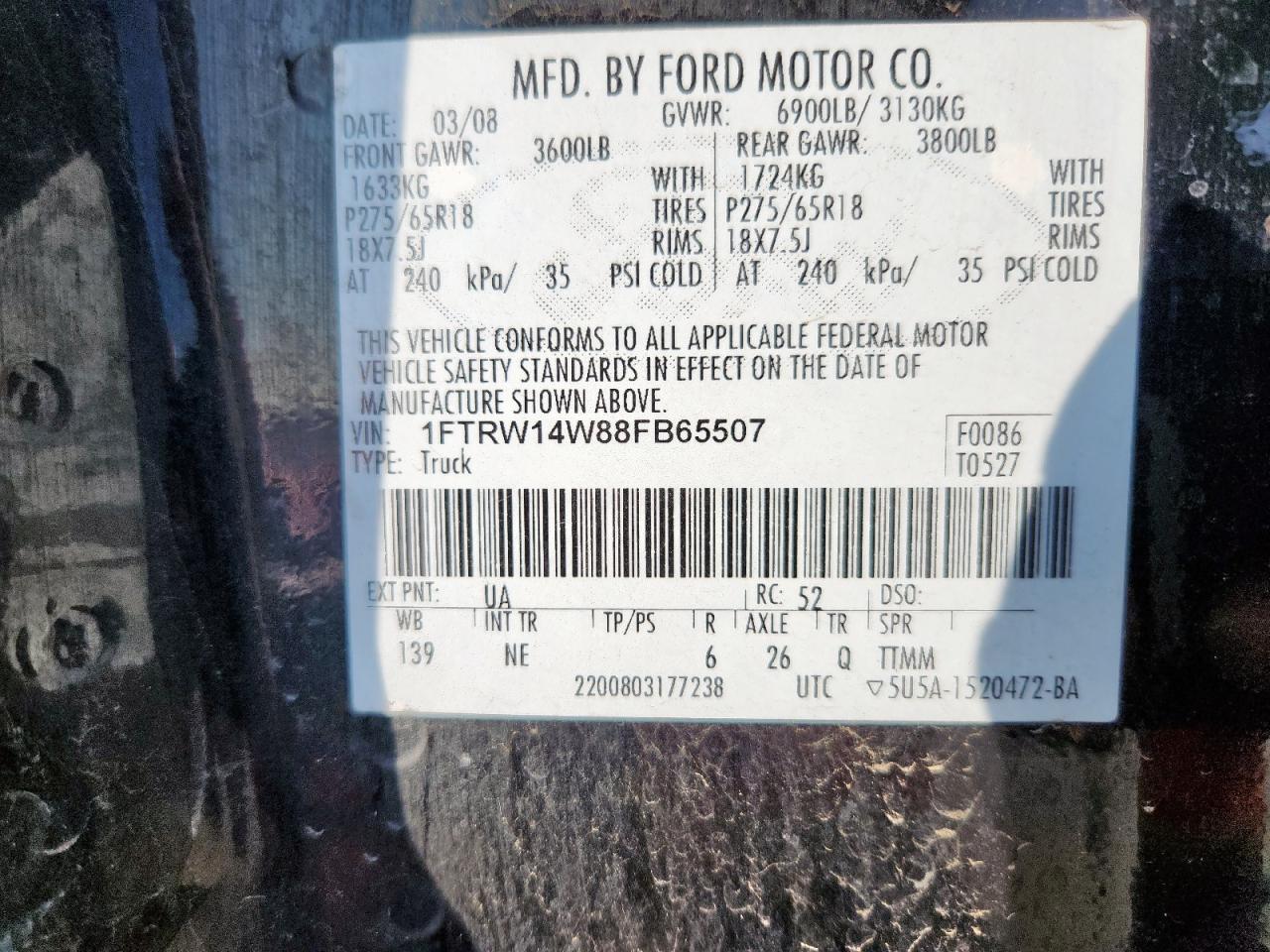 2008 Ford F150 Supercrew VIN: 1FTRW14W88FB65507 Lot: 68579385