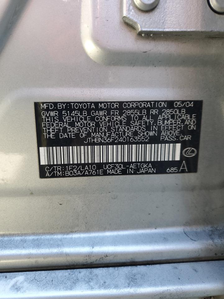 2004 Lexus Ls 430 VIN: JTHBN36F240163552 Lot: 69276105