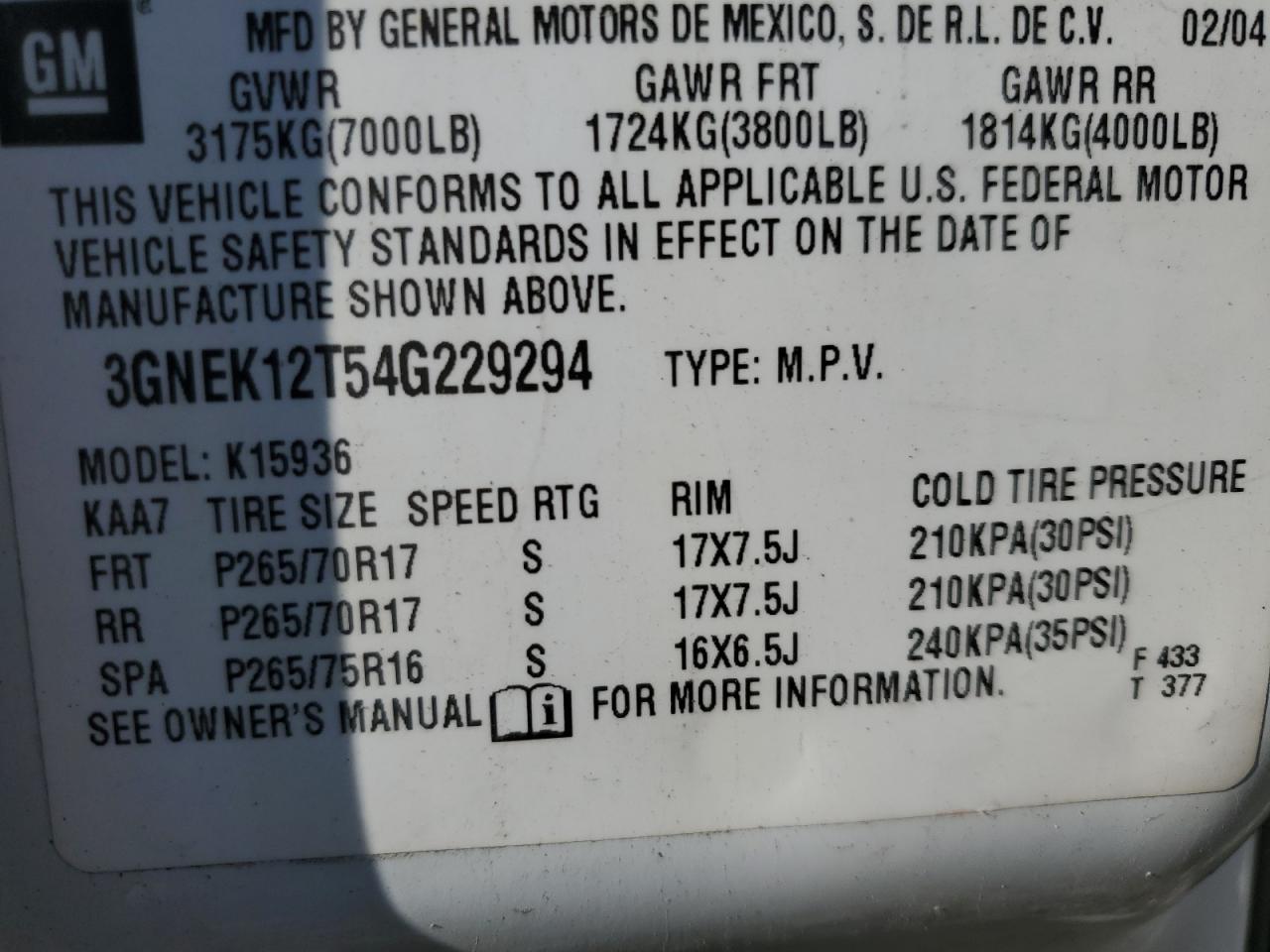 2004 Chevrolet Avalanche K1500 VIN: 3GNEK12T54G229294 Lot: 69647405