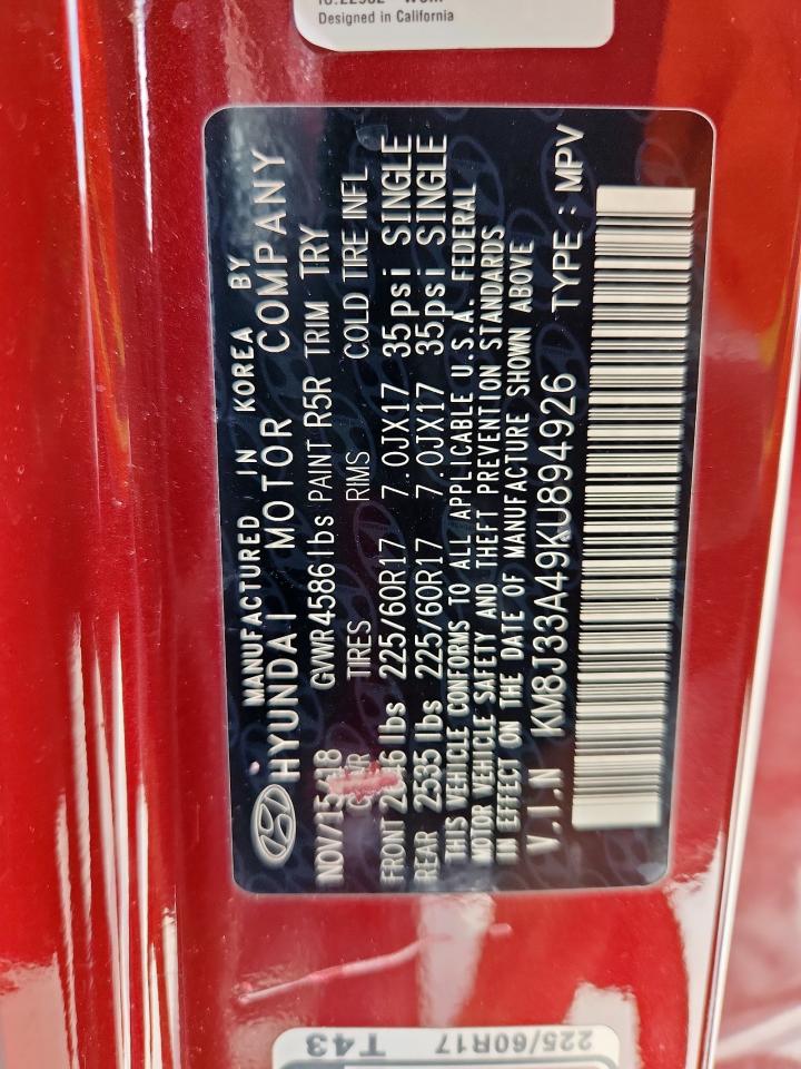 2019 Hyundai Tucson Limited VIN: KM8J33A49KU894926 Lot: 68645425