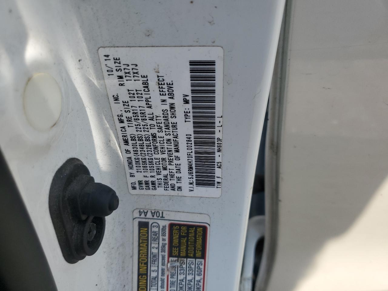 2015 Honda Cr-V Exl VIN: 5J6RM4H70FL002840 Lot: 68675015