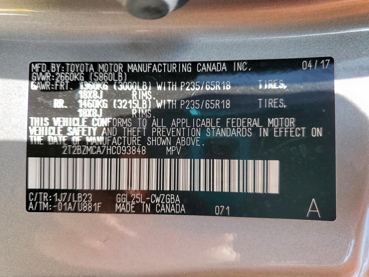 2017 Lexus Rx 350 Base VIN: 2T2BZMCA7HC093848 Lot: 70092545