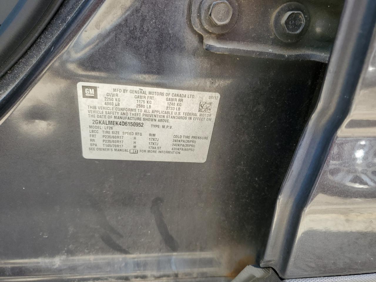 2013 GMC Terrain Sle VIN: 2GKALMEK4D6150952 Lot: 68773815