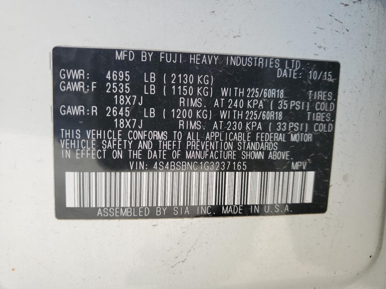 2016 Subaru Outback 2.5I Limited VIN: 4S4BSBNC1G3237165 Lot: 70560985