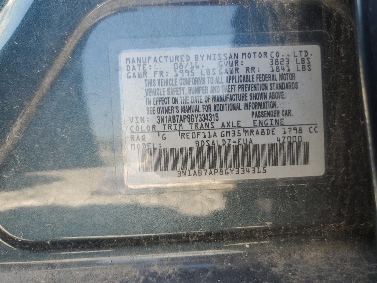 2016 Nissan Sentra S VIN: 3N1AB7AP8GY334315 Lot: 68289145