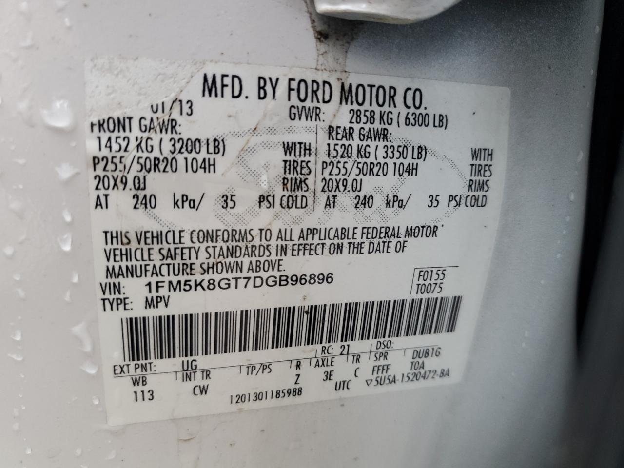 2013 Ford Explorer Sport VIN: 1FM5K8GT7DGB96896 Lot: 66911345