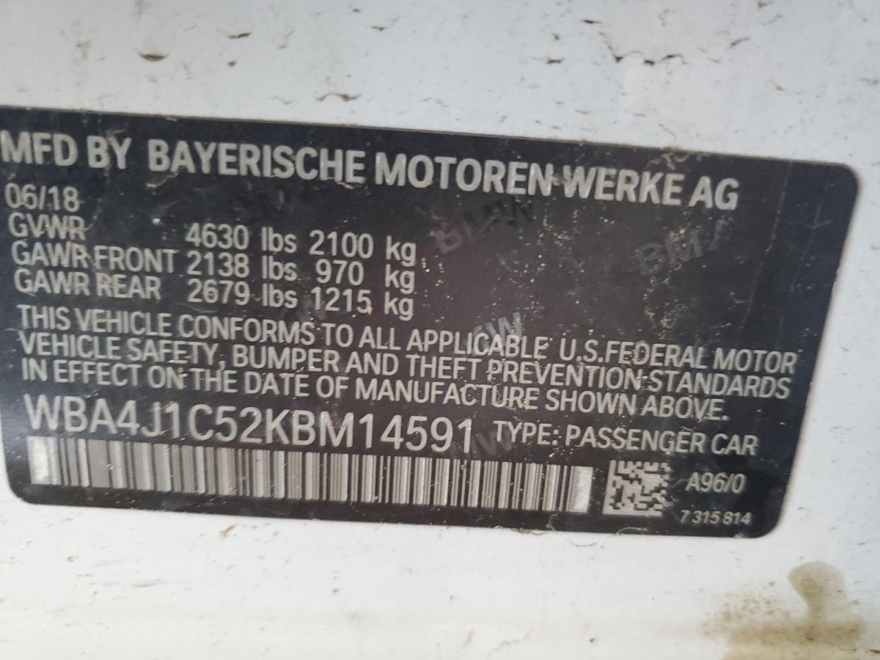 2019 BMW 430I Gran Coupe VIN: WBA4J1C52KBM14591 Lot: 70664635