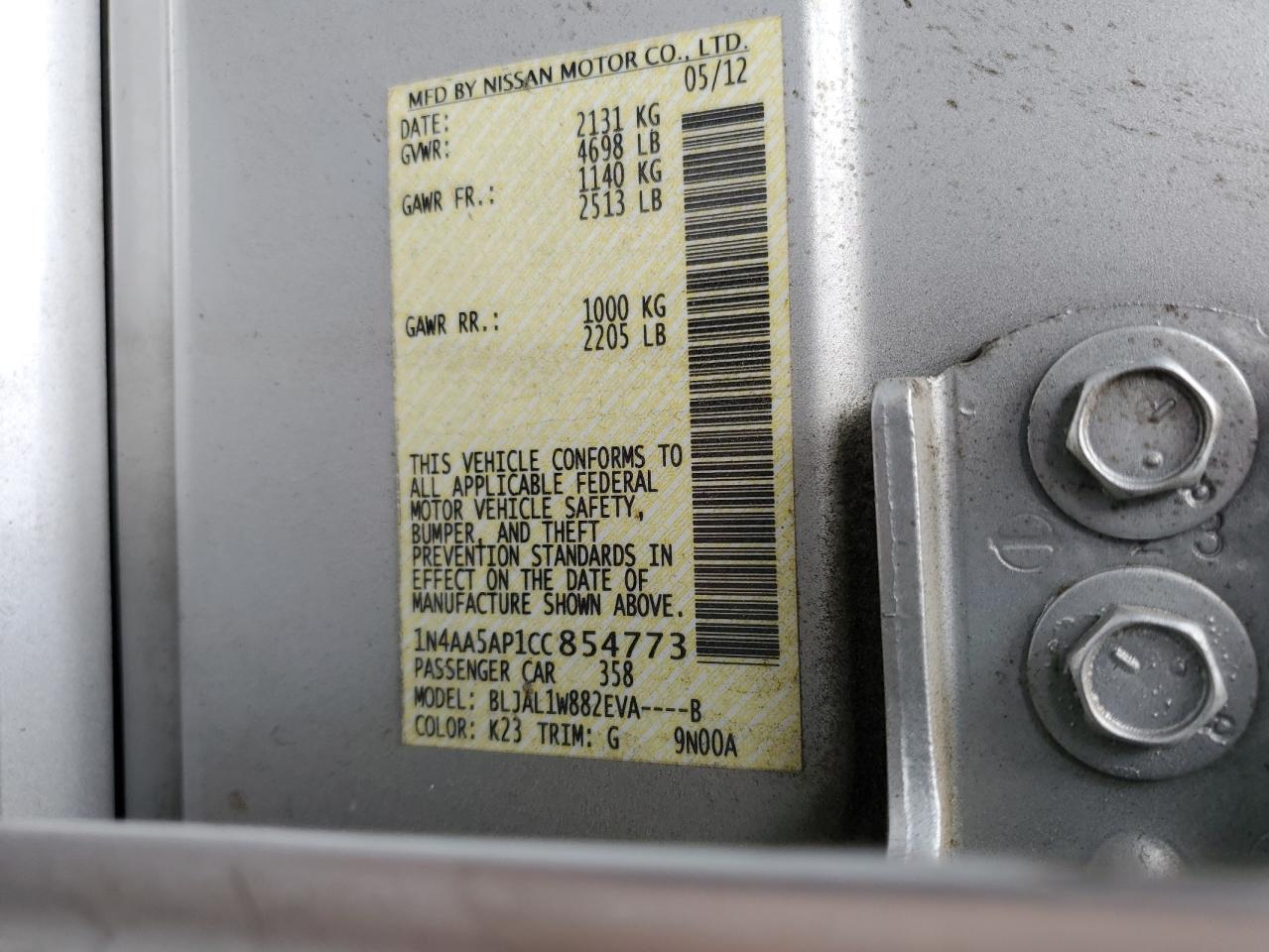 2012 Nissan Maxima S VIN: 1N4AA5AP1CC854773 Lot: 69777745