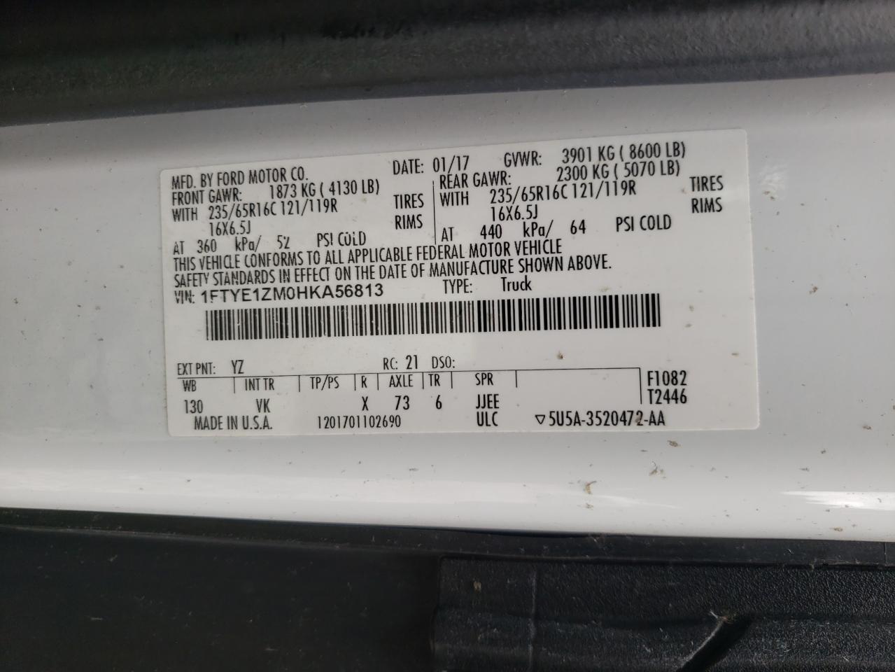 2017 Ford Transit Van T-150 Lo VIN: 1FTYE1ZM0HKA56813 Lot: 68139325