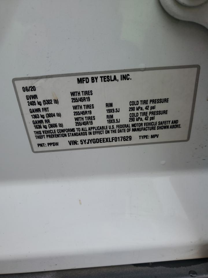 2020 Tesla Model Y VIN: 5YJYGDEEXLF017629 Lot: 70707355