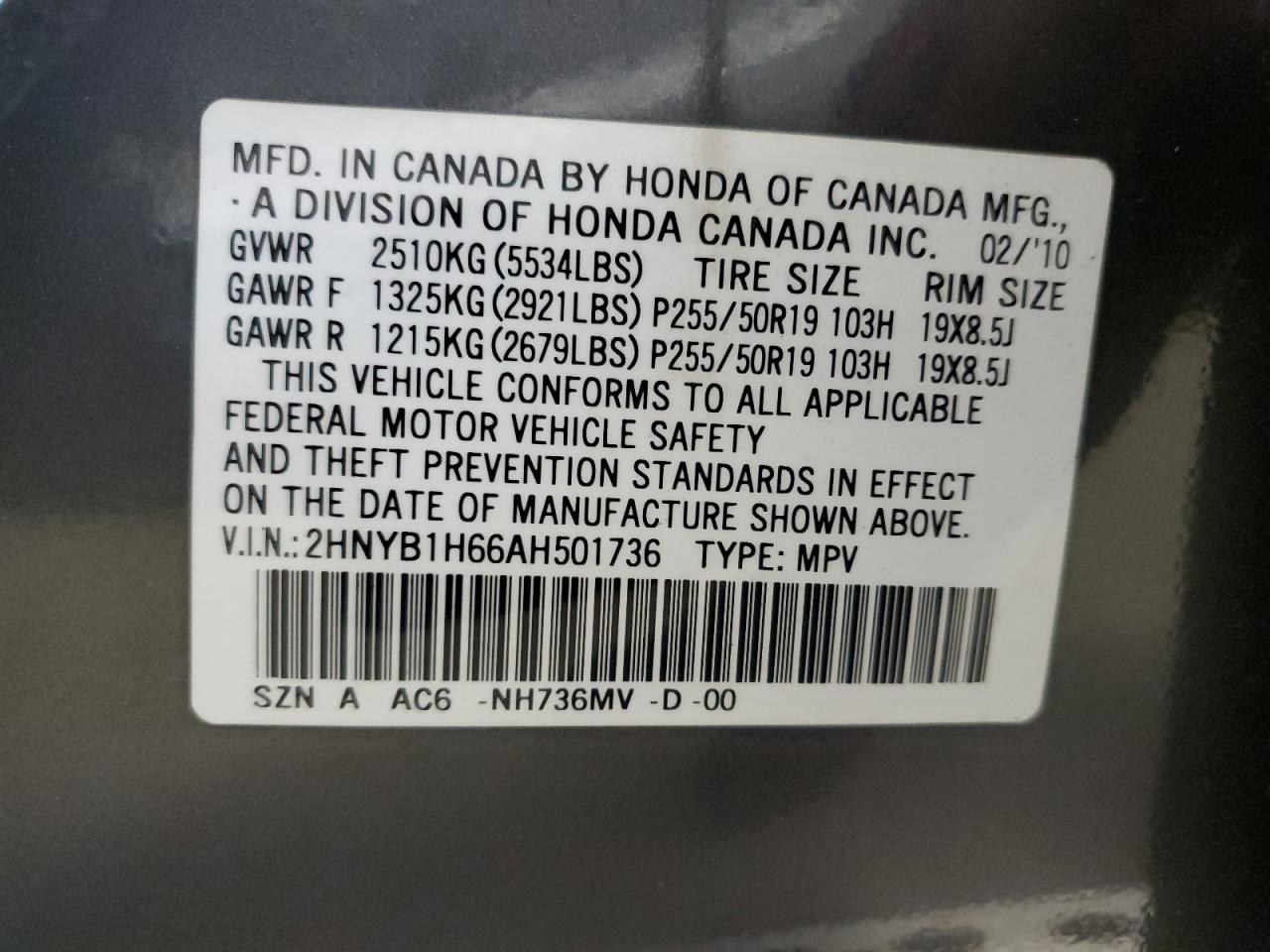 2010 Acura Zdx Advance VIN: 2HNYB1H66AH501736 Lot: 70092265