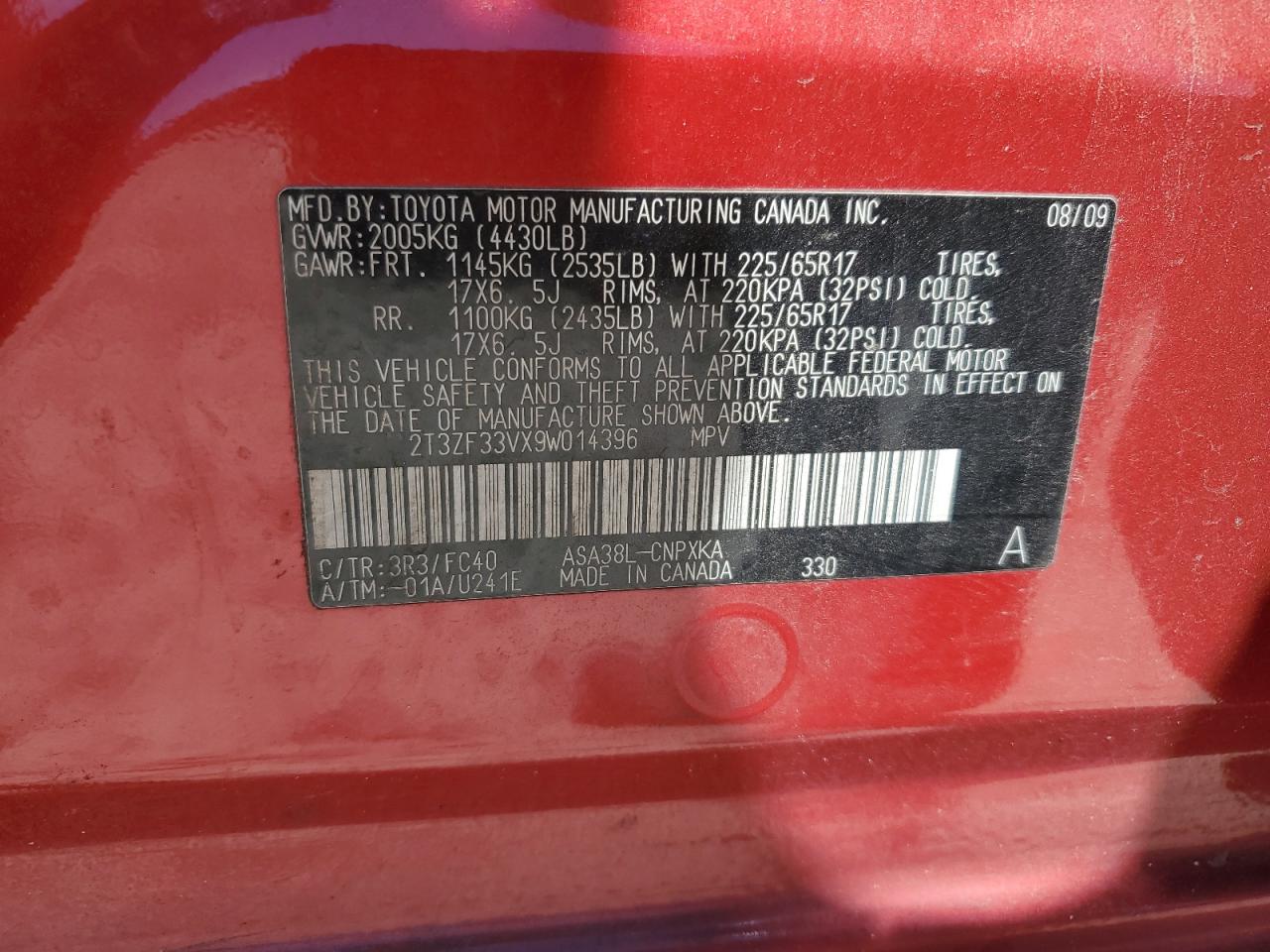 2009 Toyota Rav4 VIN: 2T3ZF33VX9W014396 Lot: 70130665