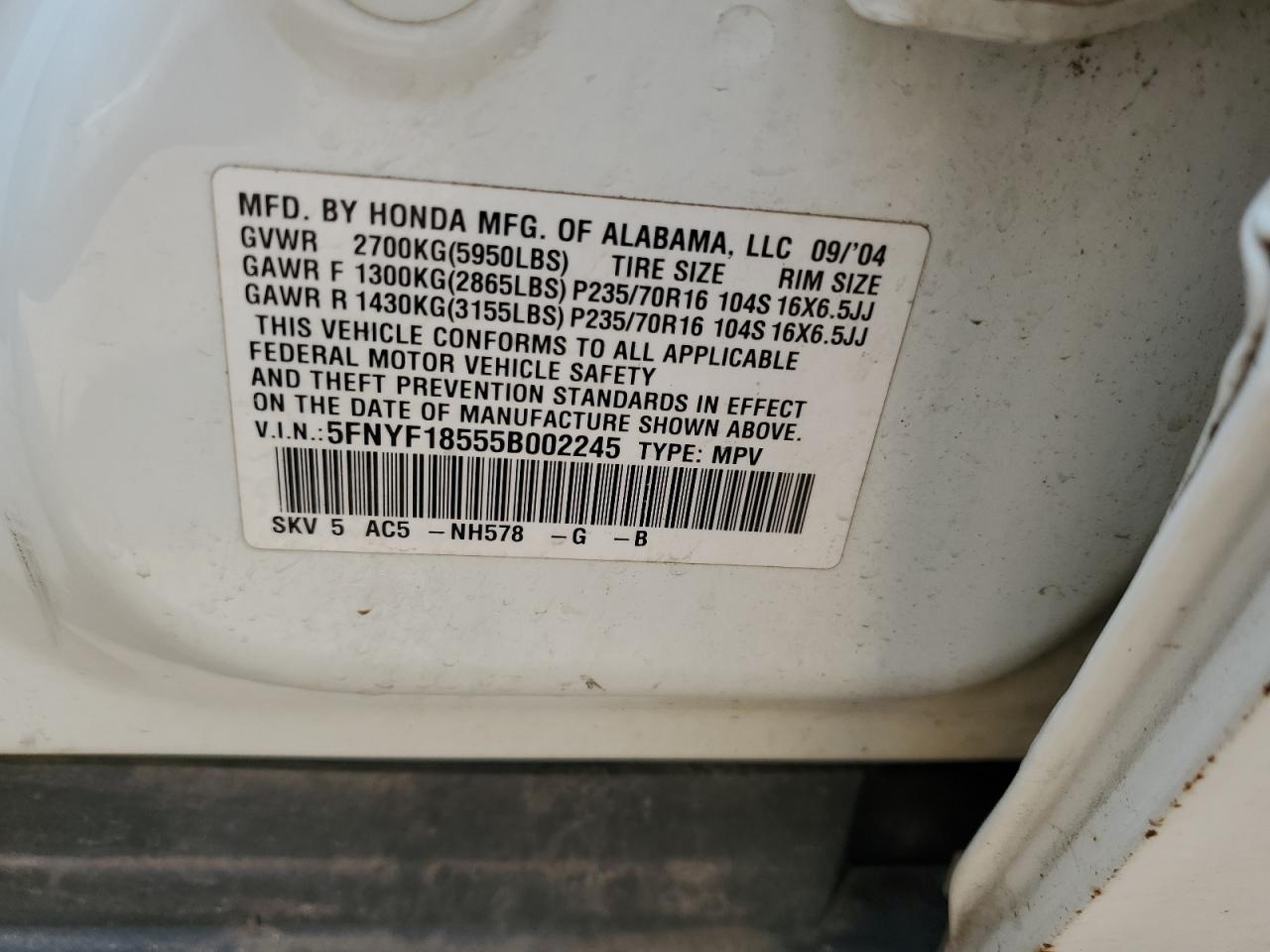 2005 Honda Pilot Exl VIN: 5FNYF18555B002245 Lot: 66521785