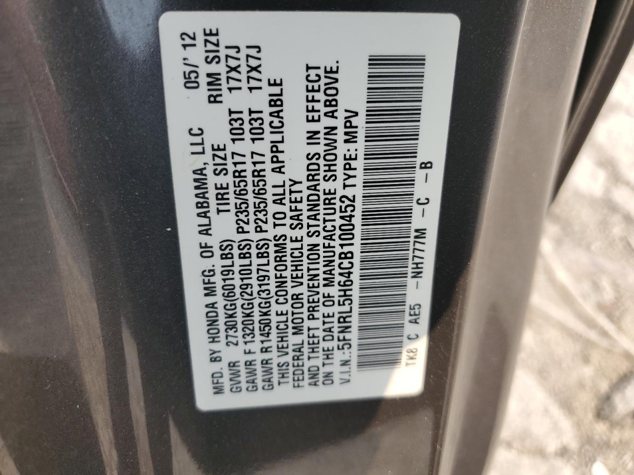 2012 Honda Odyssey Exl VIN: 5FNRL5H64CB100452 Lot: 65092675