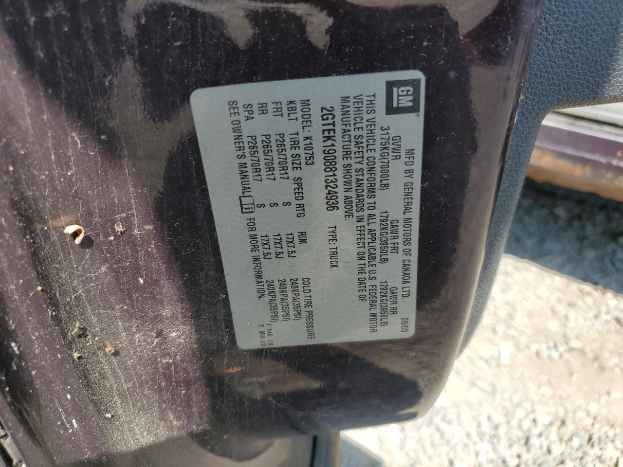 2008 GMC Sierra K1500 VIN: 2GTEK190881324936 Lot: 68518275