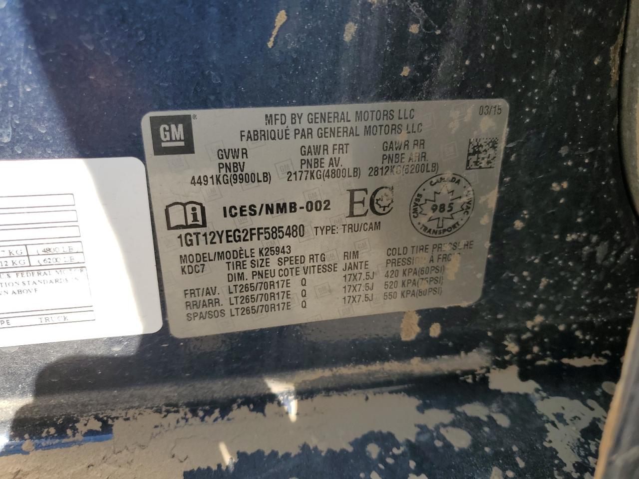 2015 GMC Sierra K2500 Sle VIN: 1GT12YEG2FF585480 Lot: 68536395