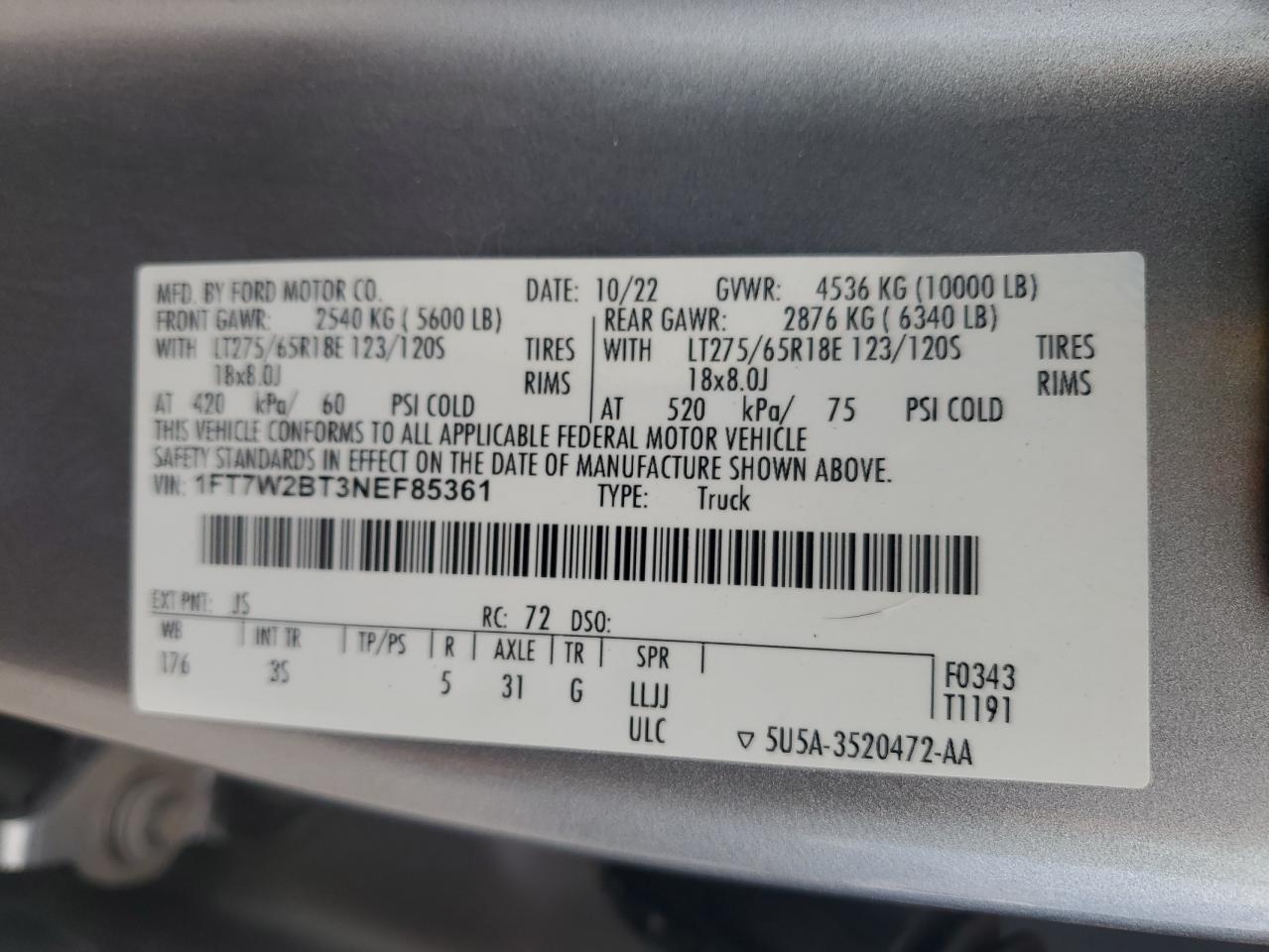 2022 Ford F250 Super Duty VIN: 1FT7W2BT3NEF85361 Lot: 67285355