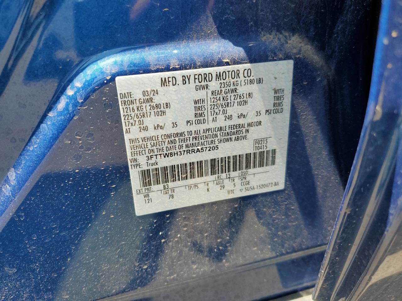 2024 Ford Maverick Xlt VIN: 3FTTW8H37RRA57205 Lot: 68646945