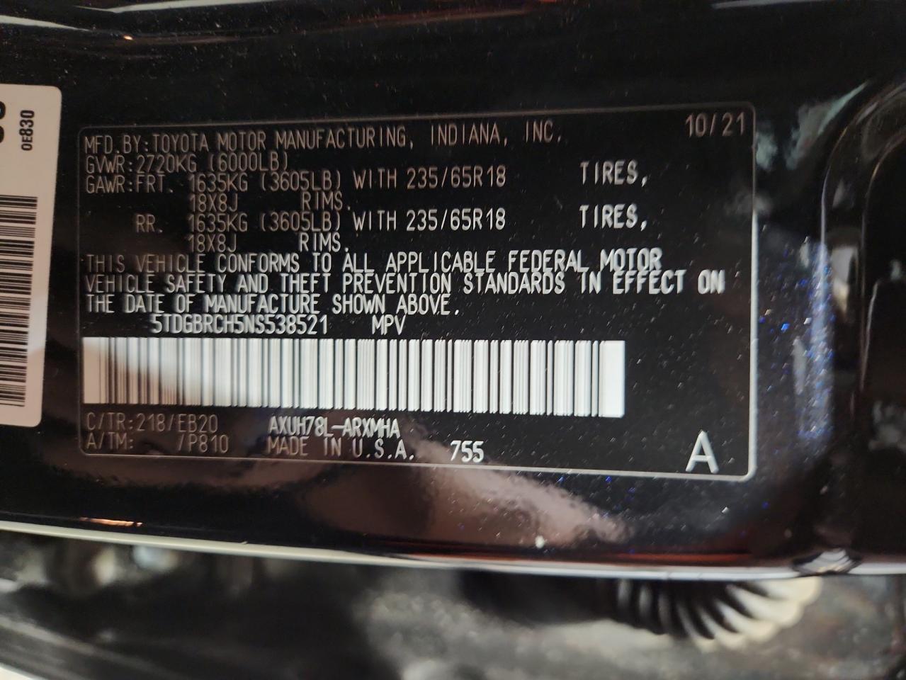 2022 Toyota Highlander Hybrid Xle VIN: 5TDGBRCH5NS538521 Lot: 68537855