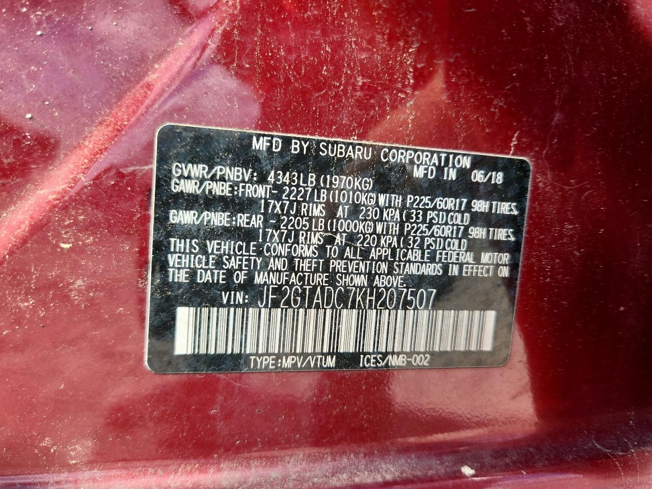 2019 Subaru Crosstrek Premium VIN: JF2GTADC7KH207507 Lot: 68695585