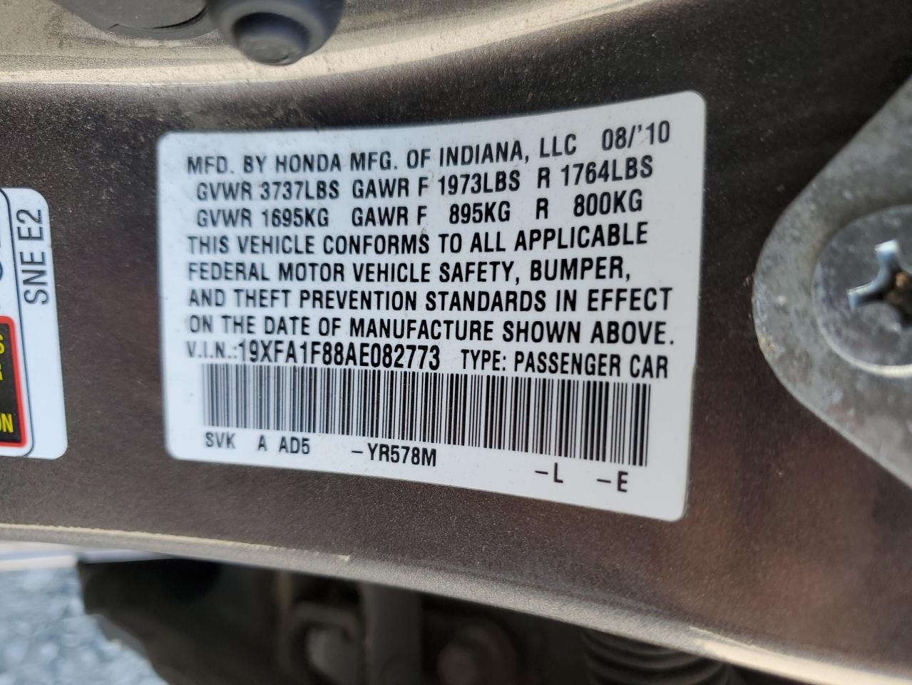 2010 Honda Civic Ex VIN: 19XFA1F88AE082773 Lot: 69636755