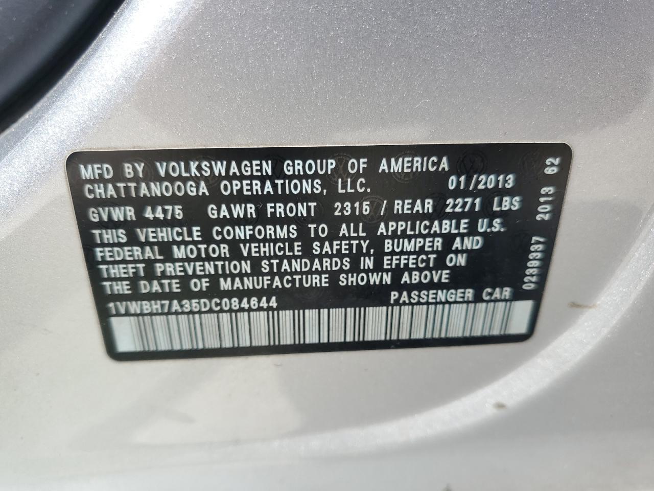 2013 Volkswagen Passat Se VIN: 1VWBH7A35DC084644 Lot: 69664445