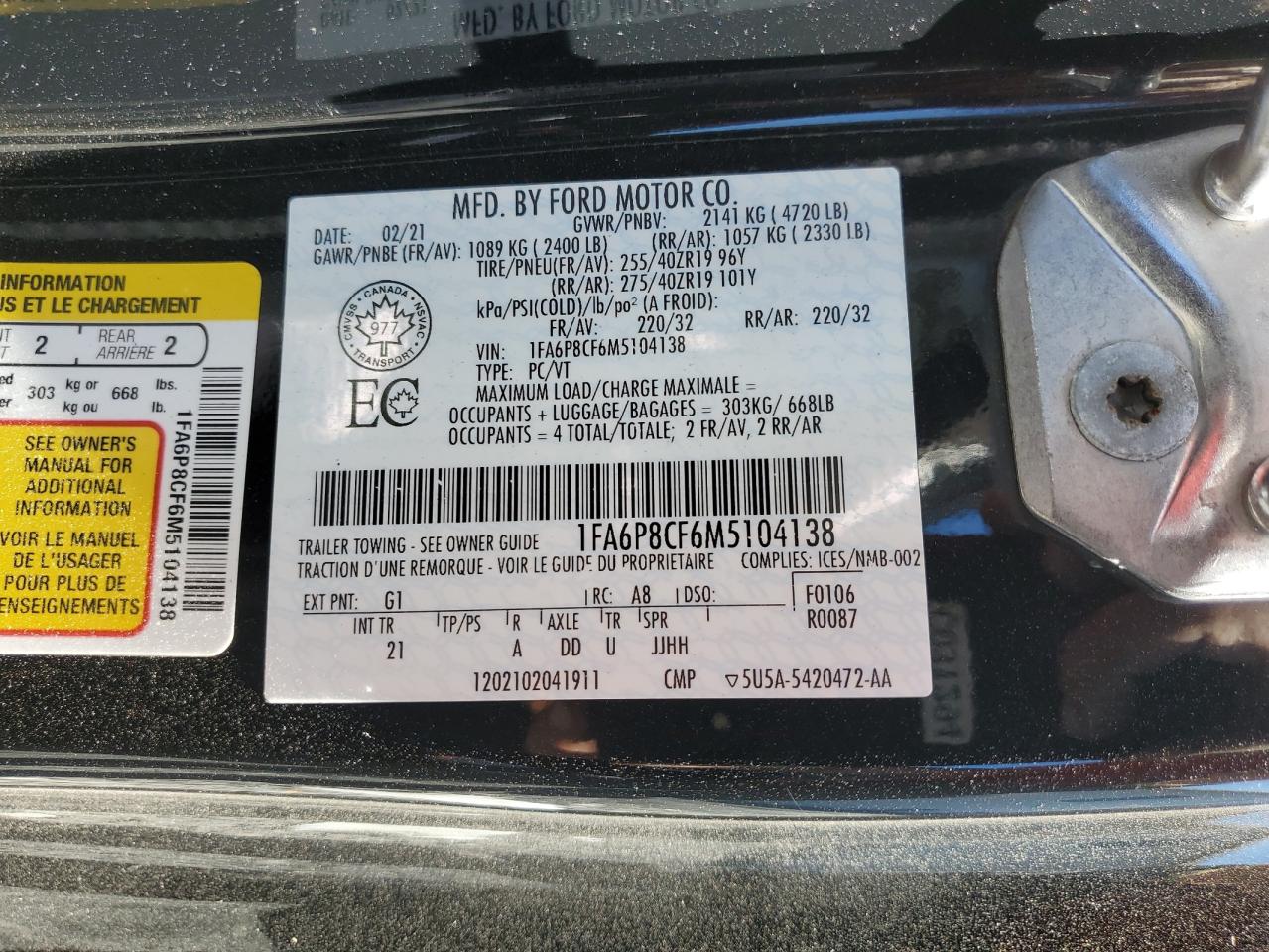 2021 Ford Mustang Gt VIN: 1FA6P8CF6M5104138 Lot: 70341645