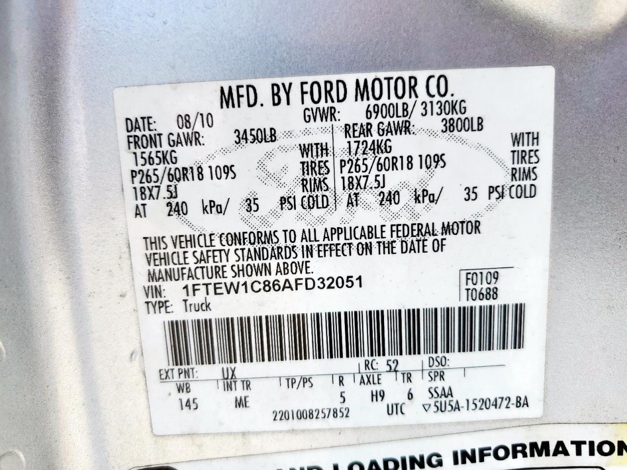 2010 Ford F150 Supercrew VIN: 1FTEW1C86AFD32051 Lot: 68349155