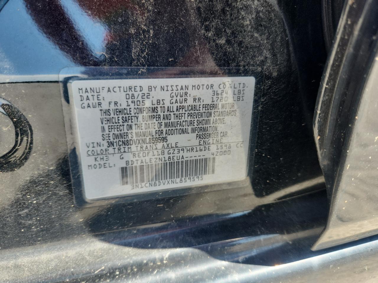 2022 Nissan Versa S VIN: 3N1CN8DVXNL859595 Lot: 68927995