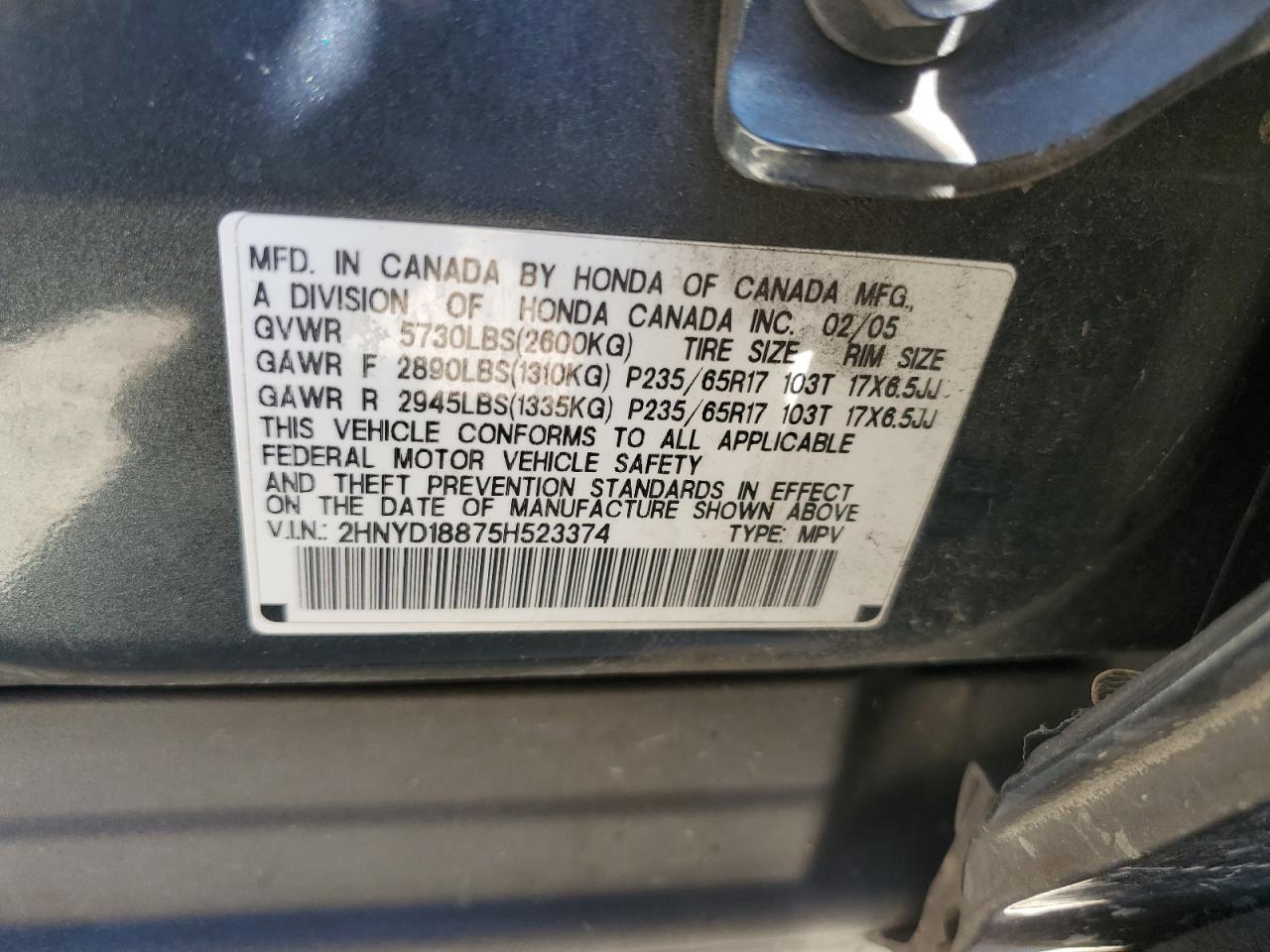 2005 Acura Mdx Touring VIN: 2HNYD18875H523374 Lot: 69848745